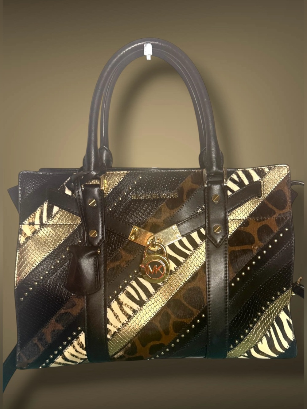 Michael Kors Noveau Hamilton Leather Black, Gold & Animal-Print Mixed satchel